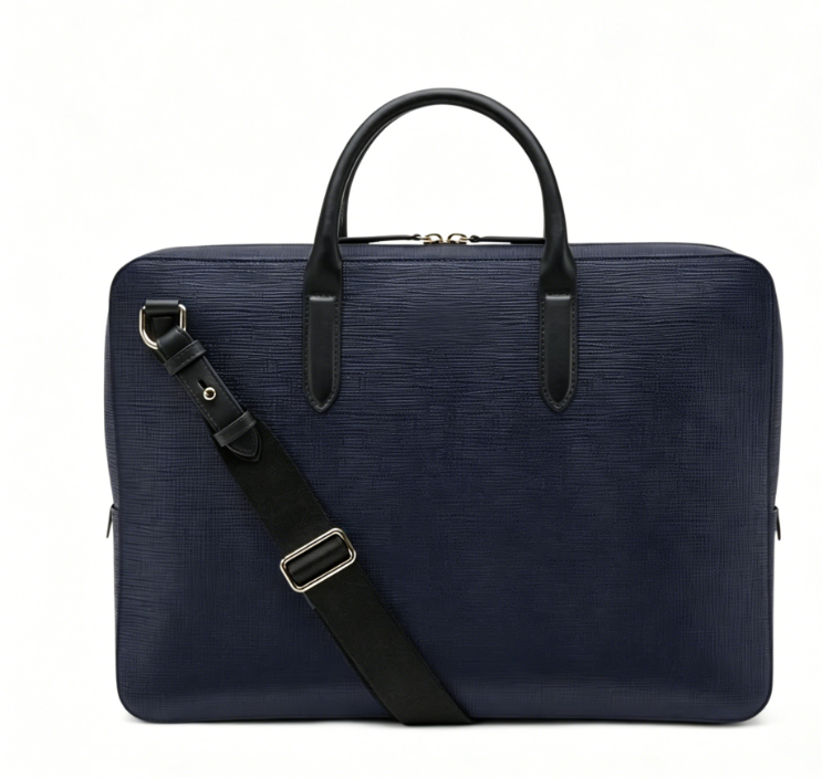Textured Navy Leather Convertible Business Laptop Briefcase