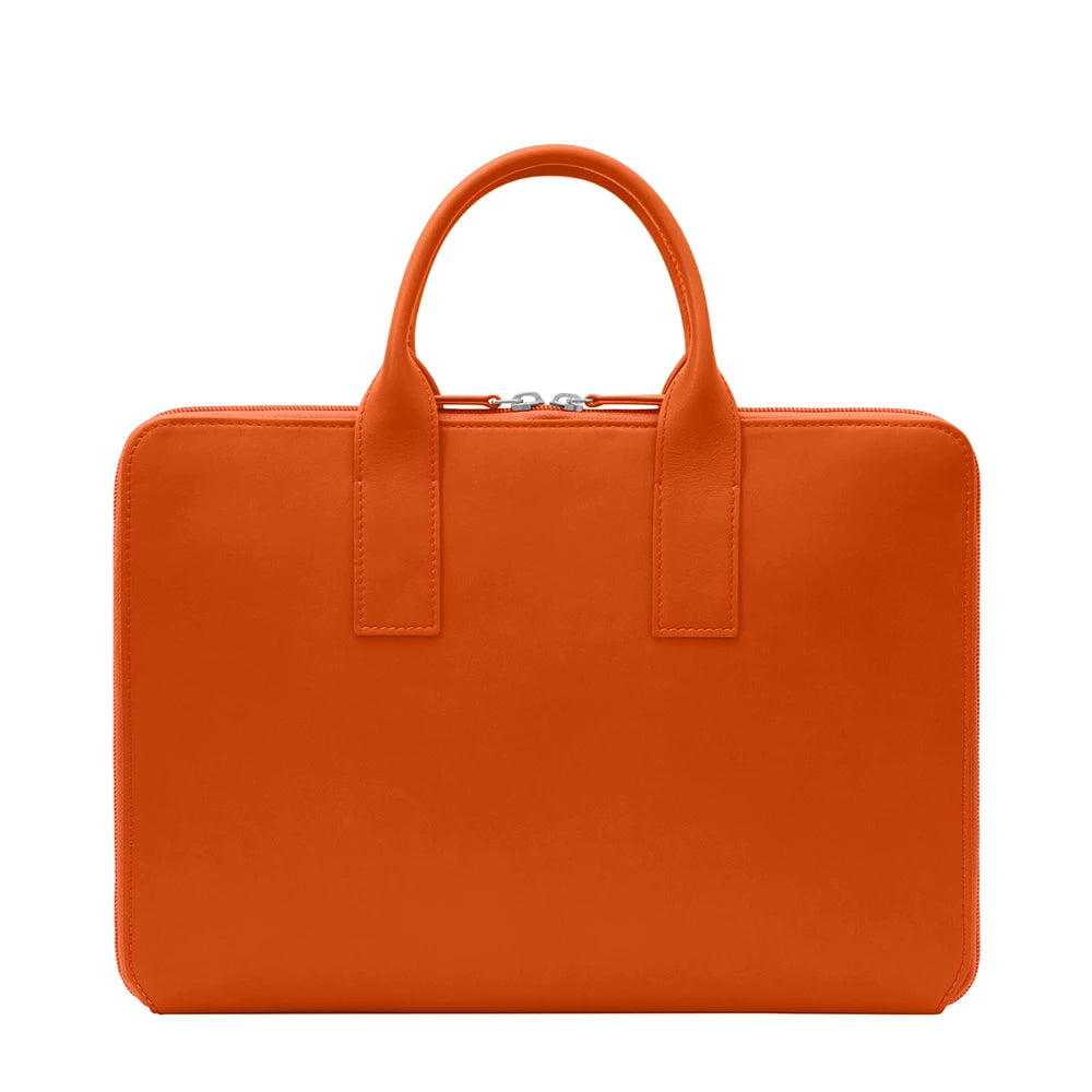 Slim Orange Leather Multi-Pocket Laptop Portfolio Handbag