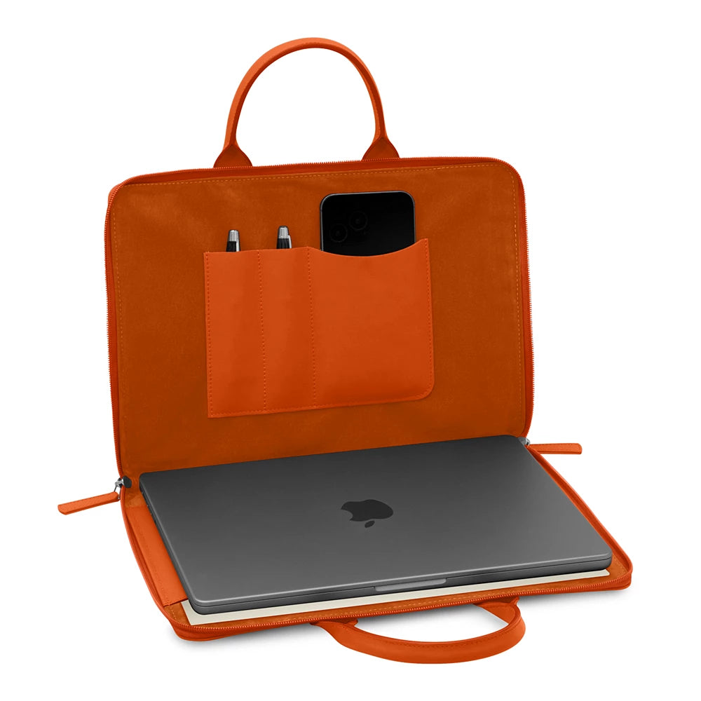 Slim Orange Leather Multi-Pocket Laptop Portfolio Handbag