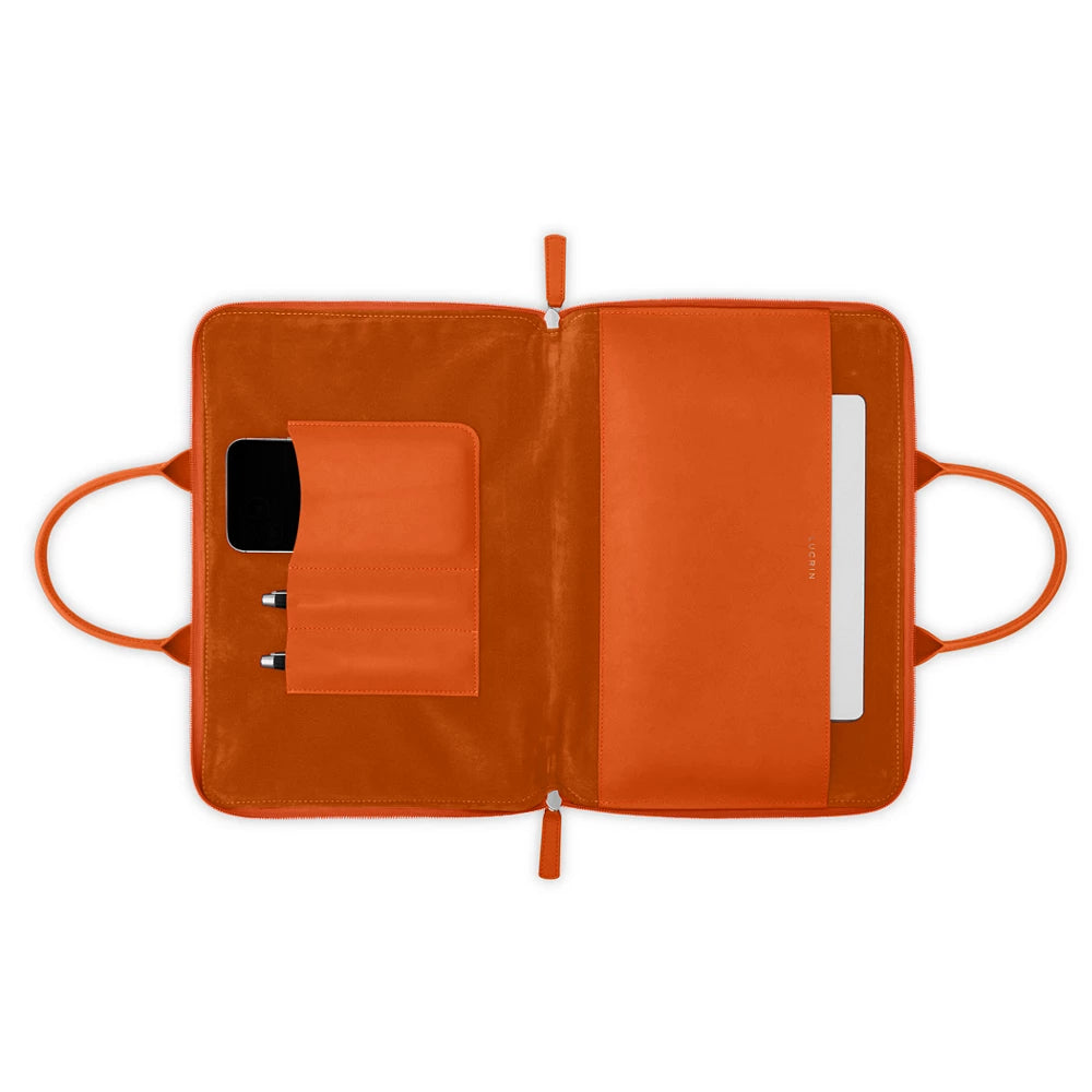 Slim Orange Leather Multi-Pocket Laptop Portfolio Handbag